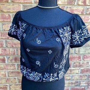NWT Express One Eleven Boho Crop Top Embroidered Black & White Peasant